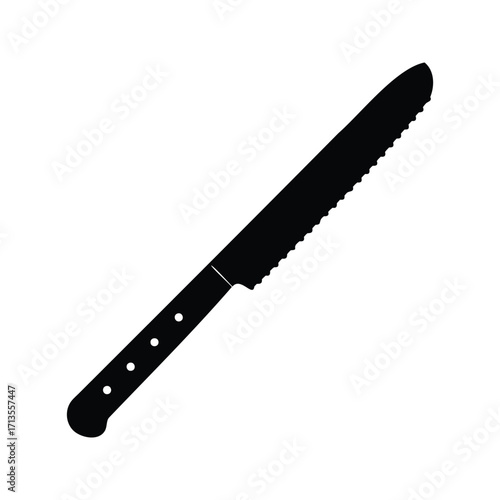 Black and white illustration of a serrated knife with a riveted handle, bread knife silhouette vector illustration