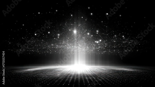 An abstract image featuring a bright light source emitting upward, connected by a network of lines and points, resembling stars on a tiled surface