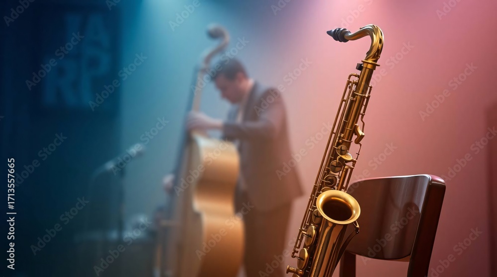 Obraz premium Saxophone on chair foreground with jazz performance on stage