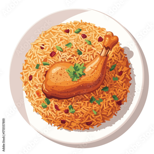 Delicious Chicken Biryani A Top-Down Vector Illustration on a White Plate, Perfect for Culinary Designs