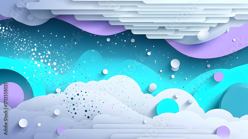 Illustrative papercut artwork depicting a serene winter landscape teal white color palette, featuring layered clouds falling snow.