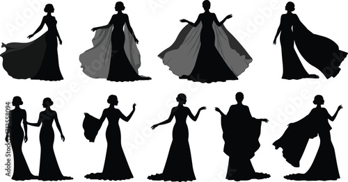 Set of elegant evening gown silhouettes with flowing capes and trains, fashion design illustration, stylish female figure poses for couture inspiration