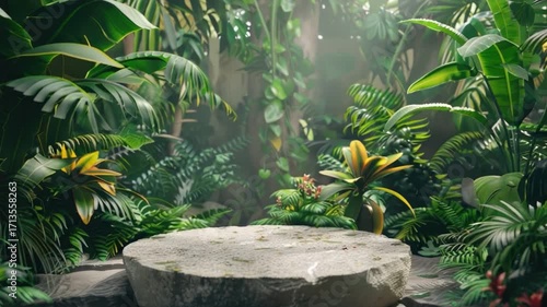 Serene Jungle Oasis with Lush Greenery, Bright Sunlight, and Tranquil Stone Platform Surrounded by Vibrant Tropical Vegetation