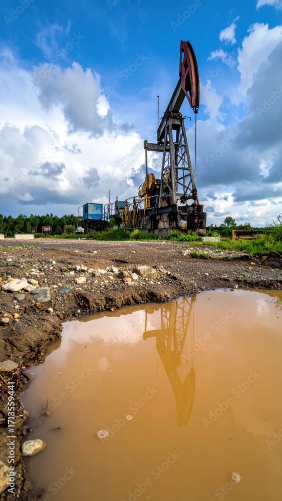 Fototapeta premium Oil Pump Jack in Rural Landscape with Reflection in Puddle