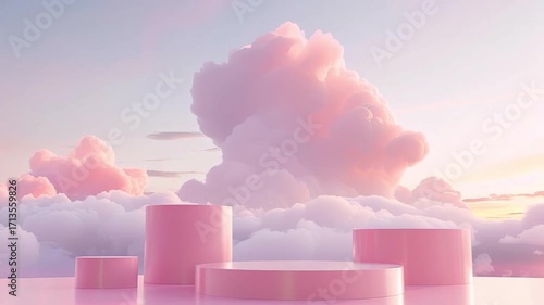 Soft Pink Clouds at Sunset with Geometric Shapes on a Dreamy Horizon