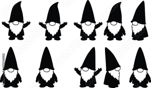 Set of cartoon gnome silhouettes with tall hats, beards, and boots, whimsical character design, fantasy illustration for decoration and storytelling