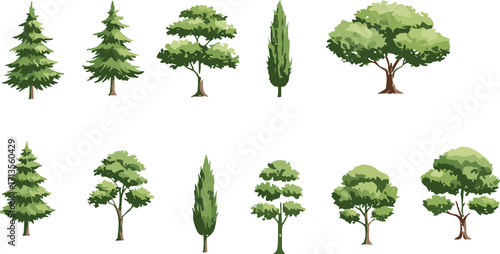 Collection of green trees vector set, cartoon nature illustration, forest plant elements, eco landscape design artwork, cad drawing flat vector illustration