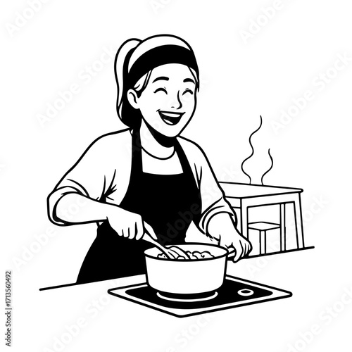 Black and White Vector Illustration of a Smiling Woman Cooking in Kitchen with Apron and Headband
