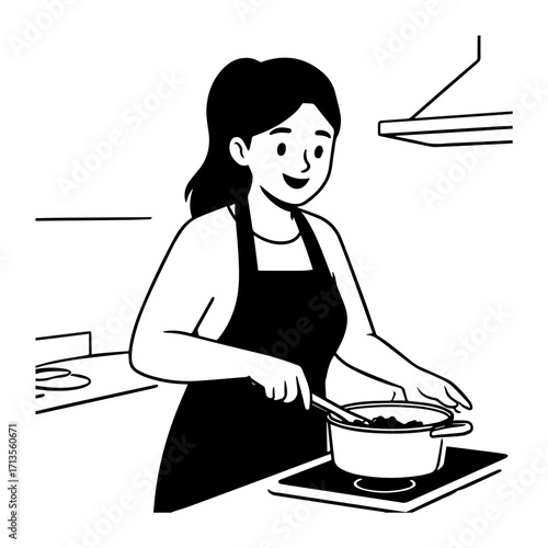Black and White Vector Illustration of a Smiling Woman Cooking in Kitchen with Apron and Headband
