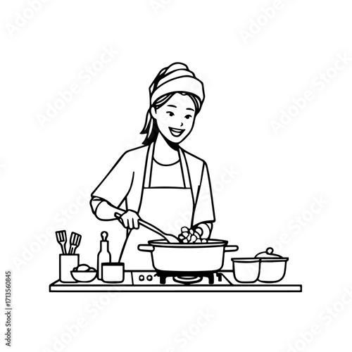 Black and White Vector Illustration of a Smiling Woman Cooking in Kitchen with Apron and Headband
