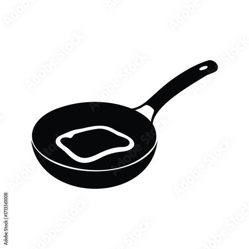 Black and white graphic illustration of a frying pan with something cooking, pan with steak silhouette vector illustration