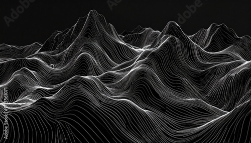 Abstract digital wireframe mountain landscape on black background.