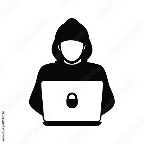 Silhouette of a hacker with a laptop, conceptual representation of online security, person accessing secure system silhouette vector illustration