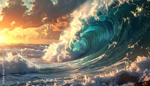Dramatic ocean wave at sunset