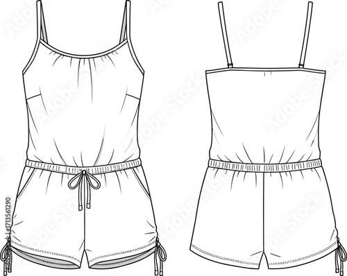 Fashion flat sketch of casual spaghetti strap romper with drawstring waist and hem ties, technical CAD drawing, vector illustration