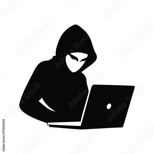 Anonymous hacker using a laptop for cybercrime and data theft operations, person hacking into system silhouette vector illustration