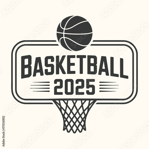 Vector art of basketball 2025 text with a basketball on top and a hoop below, isolated on a light cream background