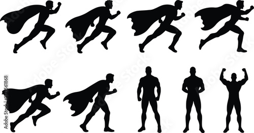 Set of male superhero silhouettes in dynamic and static poses, cape flowing, action and standing stances, comic style heroic character illustration