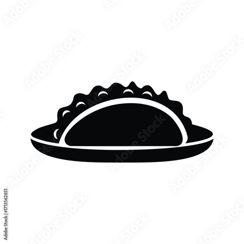 Black and white vector image of a delicious empanada on plate, taco plate with sauce silhouette vector illustration