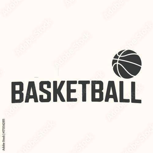 Vector art of basketball text and graphic on a light background, representing the sport and its equipment