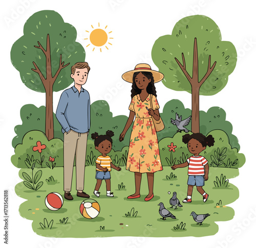 A colorful and happy illustration featuring a diverse family enjoying time in a park. The image depicts a father, mother, and two young daughters surrounded by nature, birds, and playful elements.
