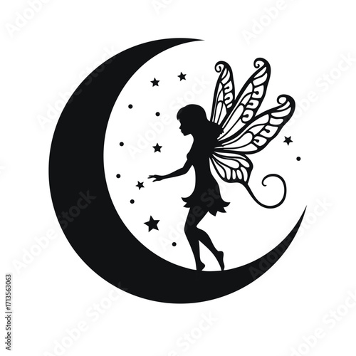 Black silhouette fairy on crescent moon with stars