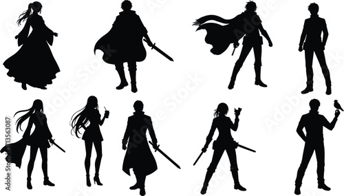 Set of fantasy and action character silhouettes with weapons, dramatic poses, capes, and accessories, diverse hero designs for storytelling illustration