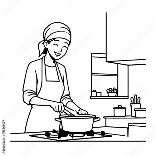 Black and White Vector Illustration of a Smiling Woman Cooking in Kitchen with Apron and Headband
