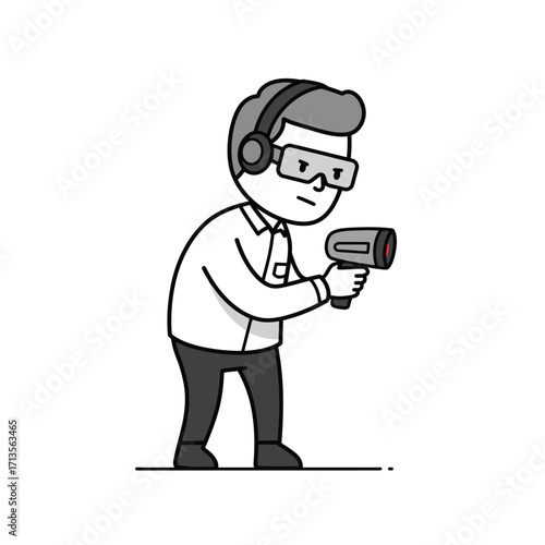 Barcode analyst mascot holding barcode reader in flat vector business design isolated
