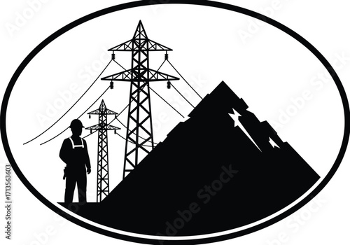 Silhouette of power line worker near high voltage transmission towers and mountain landscape, electricity infrastructure, energy distribution, industrial safety, outdoor engineering illustration