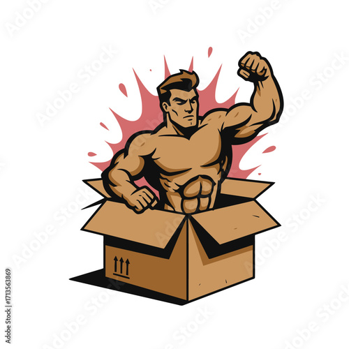 Strong muscular man bursting out of cardboard box representing power, fitness, motivation and breakthrough concept vector illustration