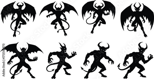 Set of demonic creature silhouettes with horns, wings, and tails, fantasy horror art, aggressive poses, dark mythical monster character design illustration