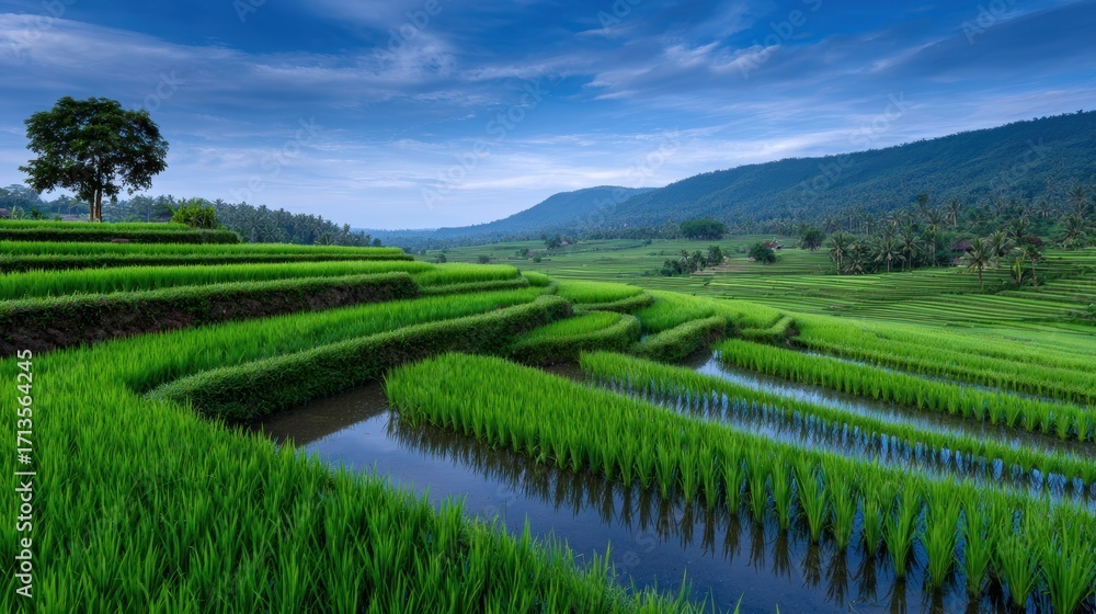 Fototapeta premium Lush green rice terraces cascade under a vibrant blue sky showcasing the serene beauty of agriculture and nature in perfect harmony