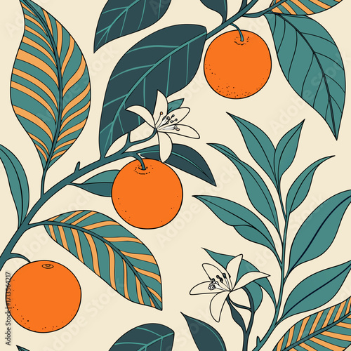 Vibrant orange fruit and blossoms on branches, a botanical illustration