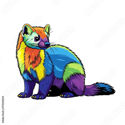 Vibrant and colorful ferret illustration, a whimsical creature with a rainbow coat