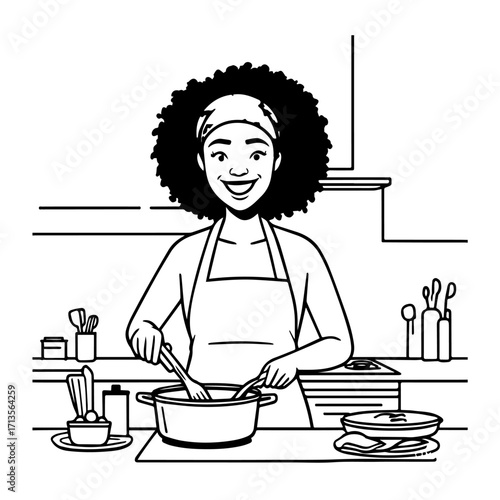 Black and White Vector Illustration of a Smiling Woman Cooking in Kitchen with Apron and Headband
