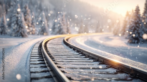 Snowy Winter Railway Tracks Through Forest