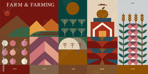 Farm and farming abstract geometric illustration with harvest elements and rural landscape