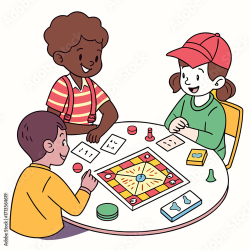 Three children are playing a board game