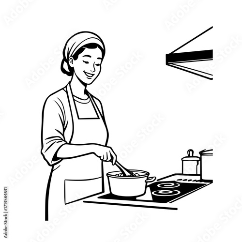 Black and White Vector Illustration of a Smiling Woman Cooking in Kitchen with Apron and Headband

