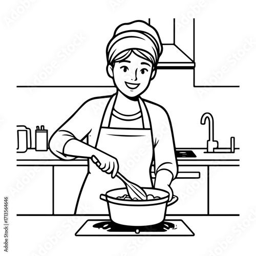 Black and White Vector Illustration of a Smiling Woman Cooking in Kitchen with Apron and Headband
