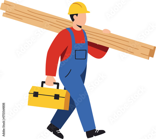 Construction worker carrying lumber and toolbox on vector