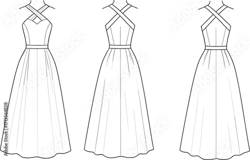 Evening dress fashion flat, halter neck gown, cross strap dress, technical sketch, sewing pattern, vector apparel design