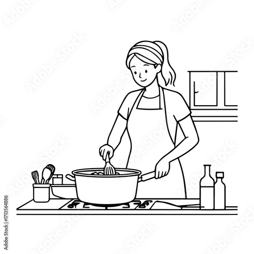 Black and White Vector Illustration of a Smiling Woman Cooking in Kitchen with Apron and Headband

