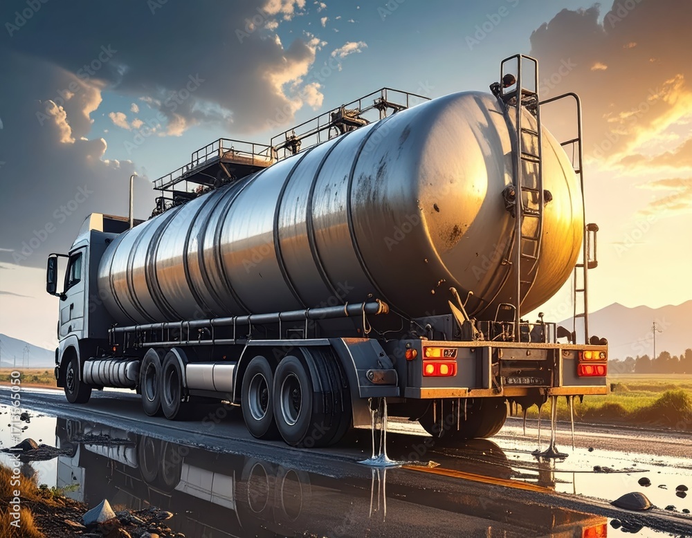 Naklejka premium Modern Tanker Truck on a Highway with Reflective Water Puddles