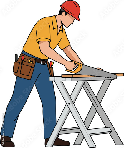 Carpenter cutting wood on sawhorse with power tool focused work scene vector