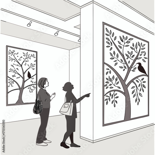 People admiring tree paintings in an art gallery