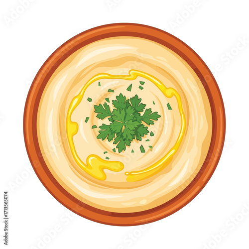 Savory creamy hummus dip, garnished with fresh parsley and a swirl of olive oil, served in a rustic bowl. A classic healthy Mediterranean appetizer illustration