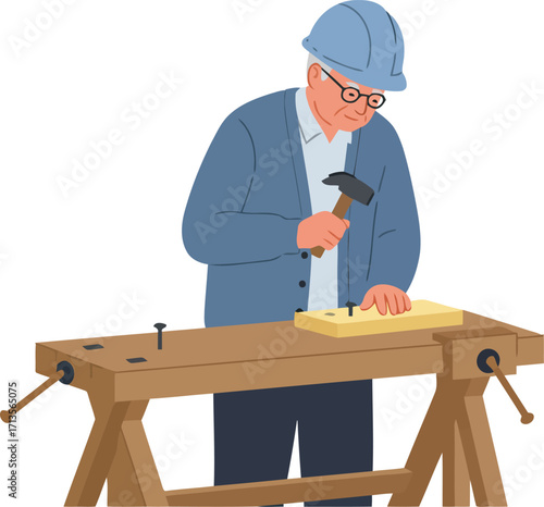 Young boy carpenter working on wood bench focused vector