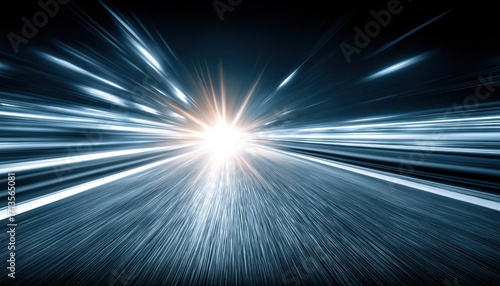 Speeding light trails rush towards a bright, centered point, blurring into streaks of blue and white against a dark, vast background